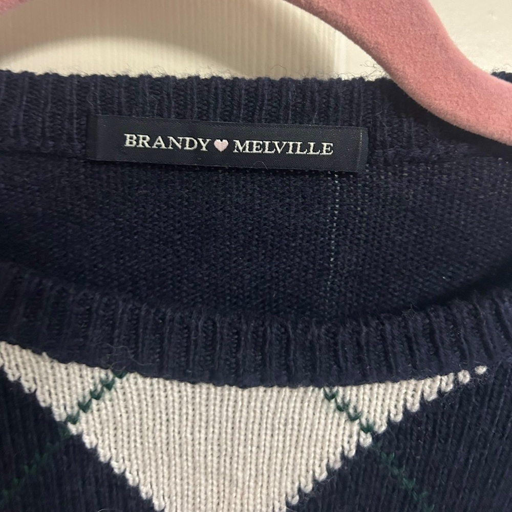 Brandy Melville Navy Argyle Cropped Sweater One Size Wool Cashmere - Picture 2 of 4